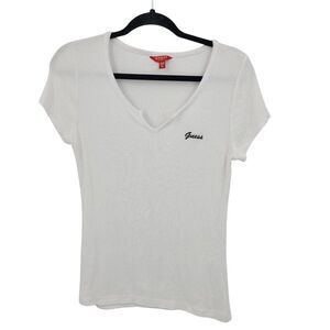 Y2K Guess White Ribbed Womens Short Sleeve V-neck Top Sz M Black Logo Stretch